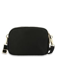 Borsa a tracolla nera in nylon con zip color oro, tracolla rimovibile e forma rettangolare. Texture liscia, design minimalista.