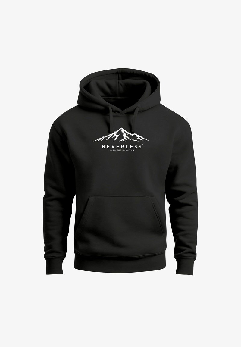 Black hoodie made of soft fabric, featuring a front pocket, drawstring hood, and a white mountain graphic with "NEVERLESS" text.