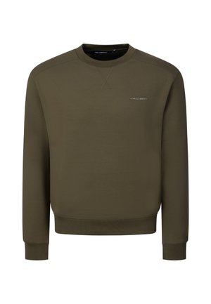 Sweat-shirt vert olive foncé à manches longues avec col rond, poignets et ourlet côtelés, avec un petit logo texte blanc sur la poitrine.