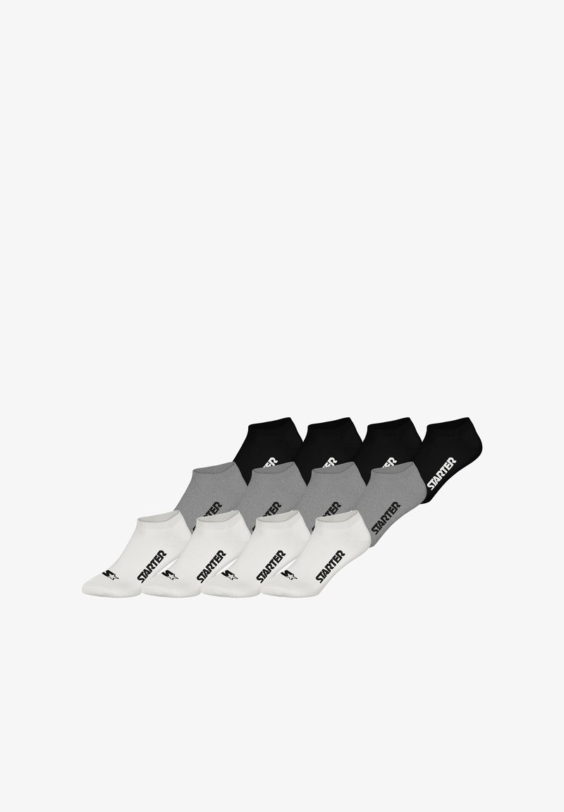 Acht Paar Fußknöchelsocken in Schwarz, Grau und Weiß. Jede Socke verfügt über einen gerippten Bund und ein kontrastierendes Logosymbol.