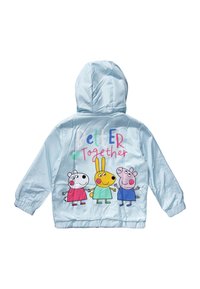 Light blue windbreaker with a hood featuring three cartoon characters printed on the back. Text reads "Better Together" in colorful letters.