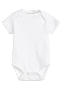 Short-sleeve white cotton onesie with a round neckline and snap closures at the bottom. Smooth texture and fitted design.