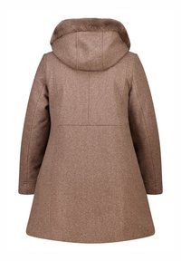 Bruine gehulde jas met een zachte bontafwerking, taps toelopend ontwerp, lange mouwen en naaddetails, gemaakt van een gestructureerde wolachtige stof.