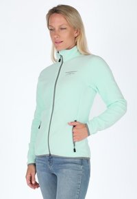 Mint green fleece jacket with a high collar, front zipper, and gray accents; features side pockets and a fitted design.