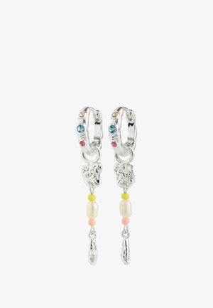 Silver hoop earrings featuring colorful stones (blue, pink, yellow) and pearls. Unique textured design with dangling elements.