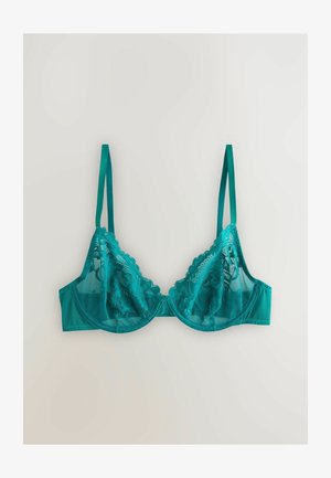 Sostén de encaje en color verde azulado que presenta un diseño de red transparente, bordes festoneados, tirantes ajustables y una banda de tela sólida para mayor soporte.