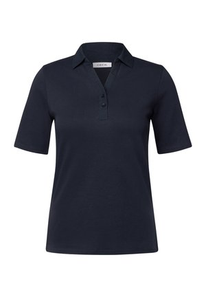 Marineblauwe polo met een V-hals, korte mouwen, drieknoopsluiting en een gladde stoftextuur. MerklaLabel: CECIL.