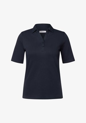 Marineblauses Hemd mit V-Ausschnitt, kurzen Ärmeln, einer Drei-Knopfleiste und einer glatten Stoffstruktur. Markenlabel: CECIL.