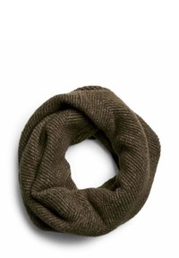 Sciarpa infinita lavorata a maglia in verde oliva scuro con un sottile motivo a spina di pesce, caratterizzata da una texture morbida e un design ad anello.