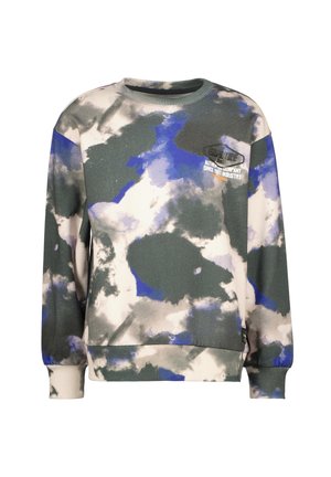 Ronde hals sweatshirt met een abstract patroon van blauw, grijs en wit dat op wolken lijkt, en een klein logo tekstje op de borst.