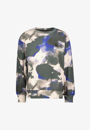 Bluza z okrągłym dekoltem z abstrakcyjnym, niebiesko-szaro-białym wzorem przypominającym chmury oraz małym napisem z logo na piersi.