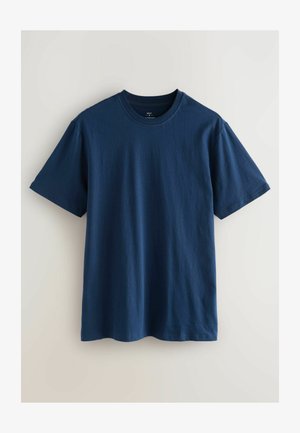 Hochwertiges, navyblaues Baumwoll-T-Shirt mit kurzen Ärmeln, Rundhalsausschnitt und geradem Saum. Glatte Textur und klassischer Schnitt für den lässigen Stil.