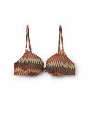 Bøjle-bh med justerbare stropper, skåle med bøjle og et zigzag-mønster i nuancer af brun, beige og grøn.