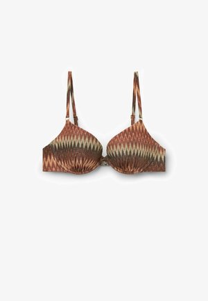 Bøjle-bh med justerbare stropper, skåle med bøjle og et zigzag-mønster i nuancer af brun, beige og grøn.