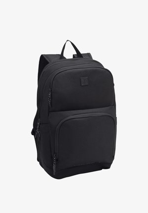 Black backpack with multiple zippered compartments, padded shoulder straps, and a textured material. Features a logo on the front.