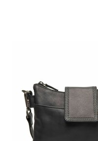 Schwarze Lederhandtasche mit glatter Textur, Reißverschluss und Klappenakzent. Verfügt über einen abnehmbaren Riemen und subtile Nähte.