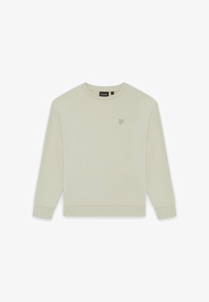 Hellbeiges Sweatshirt mit Rundhalsausschnitt, langen Ärmeln und einem kleinen, auf der linken Brustseite gestickten Vogel-Logo.