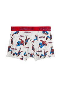 Boys' boxer shorts featuring a gray fabric with colorful Spider-Man illustrations and a red waistband with "SPIDER-MAN" text.