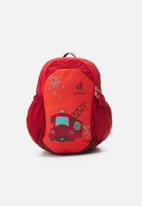 Red backpack made of durable fabric, featuring a printed fire truck design with blue accents, and side mesh pockets.