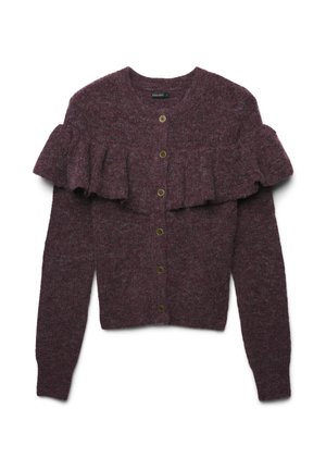 Bordeauxfarbener Cardigan mit Knopfverschluss, Rüschendetails an den Schultern und langen Ärmeln aus einem weichen, strukturierten Strickmaterial.