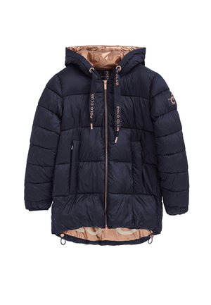 Chaqueta acolchada azul marino con capucha, cierre de cremallera, dos bolsillos laterales y forro beige con estampado. Detalles en dorado en los cordones y el logo.