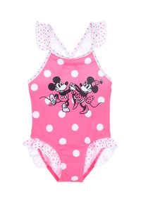 Roze badpak met witte stippen. Voorzien van ruches aan de mouwen en accenten, en bedrukt met afbeeldingen van Disney-personages. Zacht materiaal.