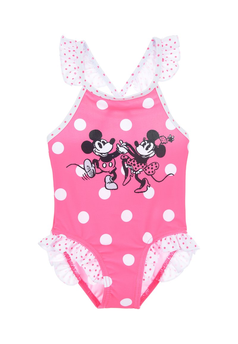 Roze badpak met witte stippen. Voorzien van ruches aan de mouwen en accenten, en bedrukt met afbeeldingen van Disney-personages. Zacht materiaal.