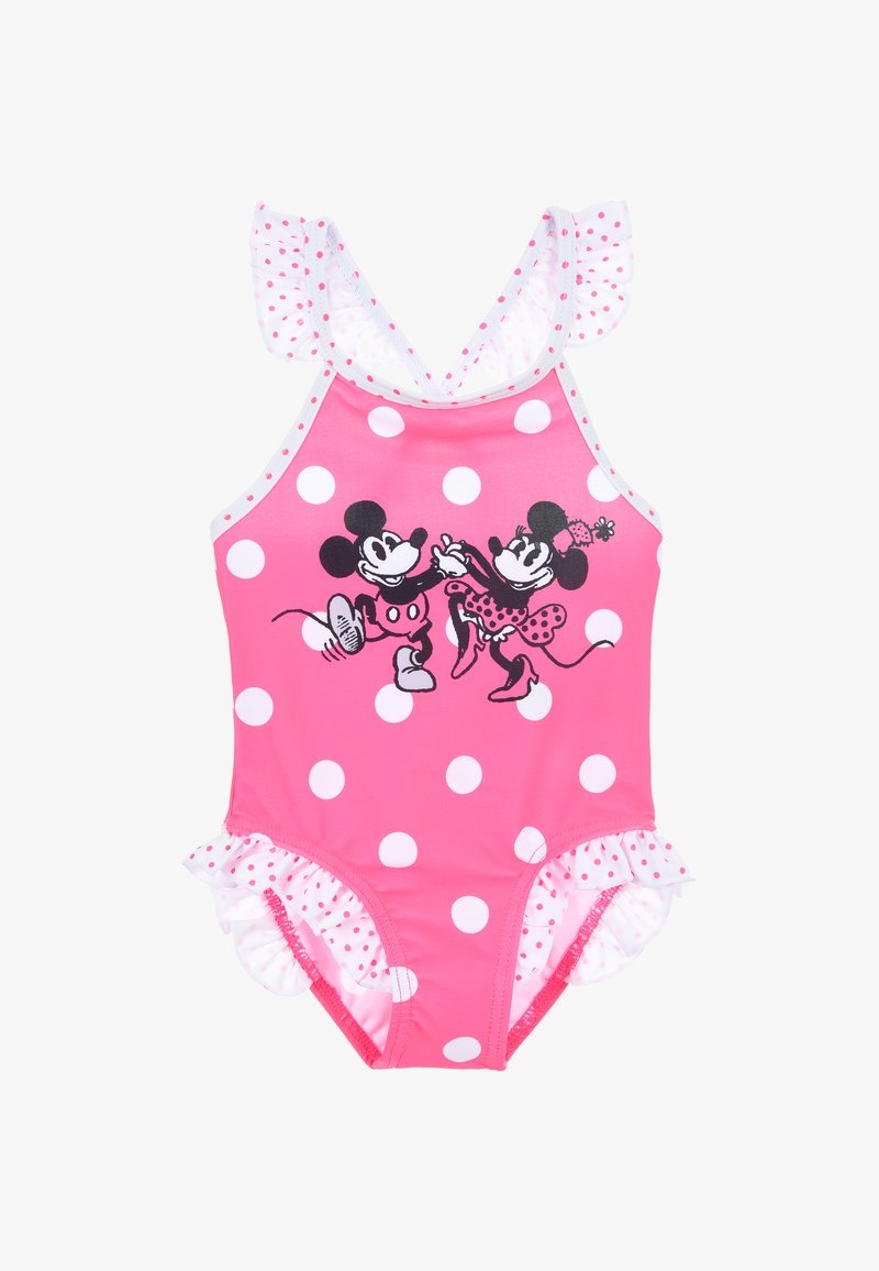 Roze badpak met witte stippen. Voorzien van ruches aan de mouwen en accenten, en bedrukt met afbeeldingen van Disney-personages. Zacht materiaal.