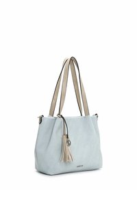 Borsa tote azzurro chiaro con texture morbida, caratterizzata da due manici beige, un fiocco decorativo e un accento logo argentato sul davanti.