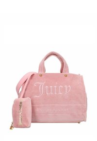 Borsa Juicy Couture in corduroy rosa con manici corti, tracolla staccabile e piccolo astuccio abbinato attaccato.