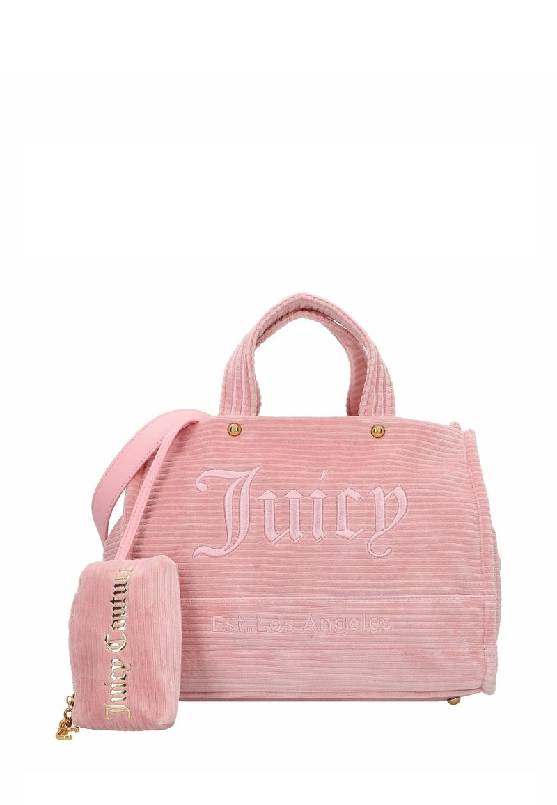 Borsa Juicy Couture in corduroy rosa con manici corti, tracolla staccabile e piccolo astuccio abbinato attaccato.