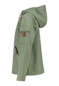 Green softshell jacket with a hood, featuring a zippered side pocket and an orange logo patch on the left sleeve. Smooth, matte texture.
