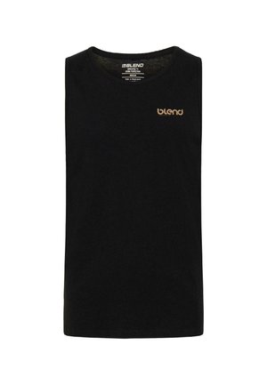 Tricou negru fără mâneci din bumbac; are guler rotund și un mic logo auriu "blend" pe partea stângă a pieptului. Design simplu, uni.
