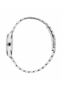 Silverfärgad metallklocka med rund boett, slät yta och ett flexibelt länkarmband. Inkluderar en liten svart krona på sidan.