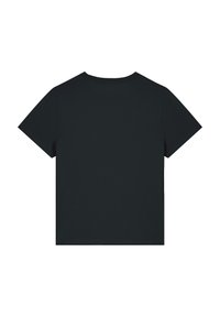 Schwarzes T-Shirt mit kurzen Ärmeln und Rundhalsausschnitt, aus weichem Stoff gefertigt. Es hat einen einfachen, nahtlosen Rücken ohne sichtbare Logos oder Muster.
