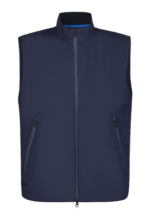 Mørkeblå ærmeløs vest med opretstående krave, lynlås foran og to lynlåslommer i siden.