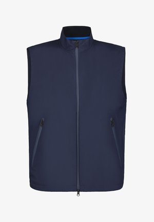 Chaleco sin mangas azul marino con cuello alto, cremallera frontal y dos bolsillos laterales con cremallera.