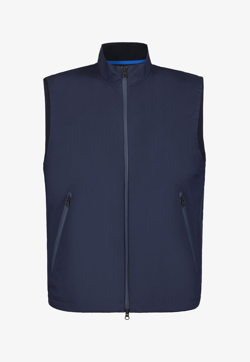 Chaleco sin mangas azul marino con cuello alto, cremallera frontal y dos bolsillos laterales con cremallera.