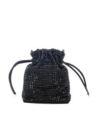 Borsa a sacchetto nera con perline, dal texture morbido e parte superiore arricciata, con dettagli luccicanti e due cordini neri per la chiusura e il trasporto.