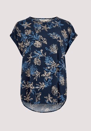 Haut à manches courtes bleu marine en tissu léger, orné d'un motif floral bleu et crème, avec un ourlet arrondi et une coupe décontractée.