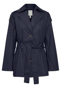 Námořnický trenčkot vyrobený z bavlněné směsi, s opaskem v pase, dvojitým zapínáním na knoflíky, klasickým límcem a ramenními vycpávkami.