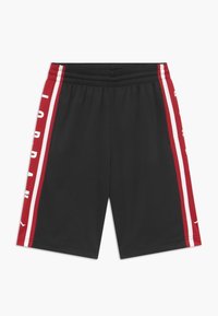 Black athletic shorts with red side stripes and white accents, featuring an elastic waistband and a smooth, lightweight fabric.