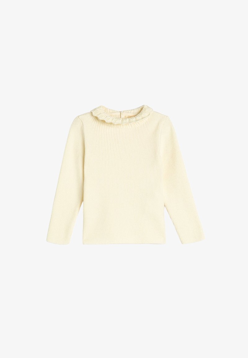 Ribbet langærmet top i lys gul med en flæse ved halsudskæringen. Blød tekstur og tætsiddende design med en klassisk pasform.