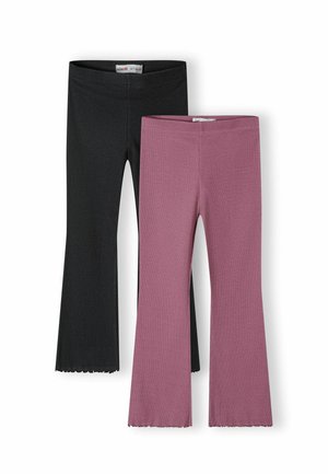 Twee paar geribbelde flared leggings voor kinderen, één zwart en één mauve, met geschulpte zoom en elastische taillebanden.