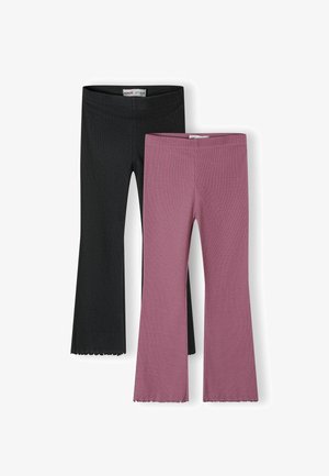 Due coppie di leggings a zampa d'elefante a coste per bambini, uno nero e uno mauve, con orli squillati e bande elastiche in vita.