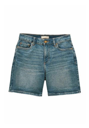Denim-Shorts mit vorderer Knopf- und Reißverschluss, Gürtelschlaufen, zwei vorderen Taschen und dezenten verblassten Details auf blauem Stoff.