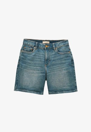 Denim-Shorts mit vorderer Knopf- und Reißverschluss, Gürtelschlaufen, zwei vorderen Taschen und dezenten verblassten Details auf blauem Stoff.