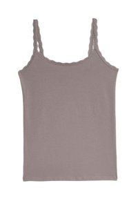 Lichtgrijs, mouwloos tanktop van zachte stof. Voorzien van geschulpte randen op de schouderbanden en de halslijn. Eenvoudig, gestroomlijnd ontwerp.