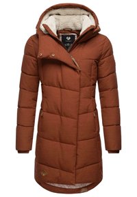 Brown puffer coat with a quilted design, furry hood lining, angled zipper, and front pockets. Features a longer cut for additional warmth.
