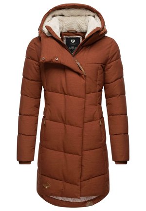 Bruine pufferjas met een gewatteerd ontwerp, een bontgevoerd capuchon, schuin rits en voorzakken. Heeft een langere snit voor extra warmte.